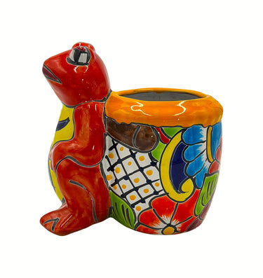 Mexican Talavera Standing Frog with Basket Planter Pot Hand Painted - Red Frog